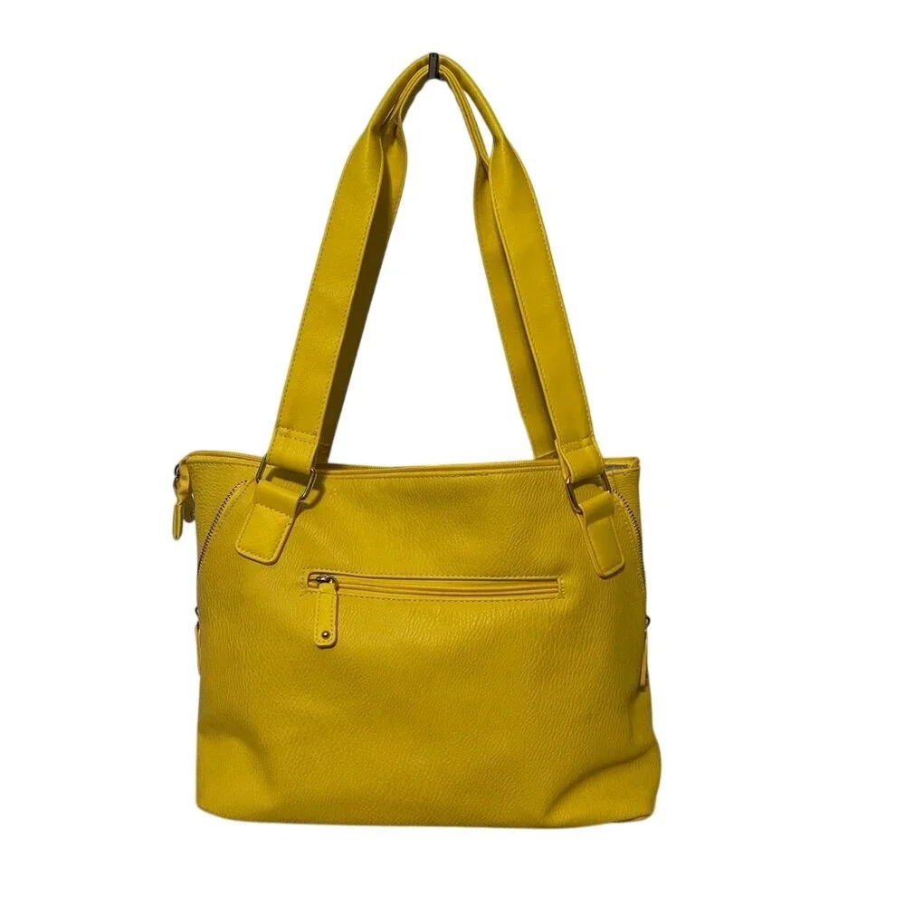 Sondra Roberts‎ Yellow Pebbled Faux Leather Tote Shoulder Bag Zip Pockets